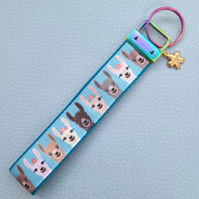 Load image into Gallery viewer, Alpaca Llama on Rainbow Key Chain Fob with Enameled Flower Charm