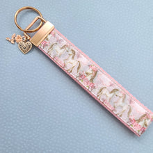 Load image into Gallery viewer, Horses with Wreaths Glittery Key Chain Fob on Pink Rose Gold and Rose Charm