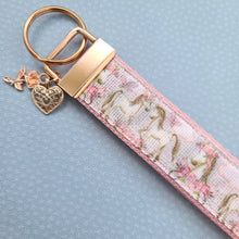 Load image into Gallery viewer, Horses with Wreaths Glittery Key Chain Fob on Pink Rose Gold and Rose Charm