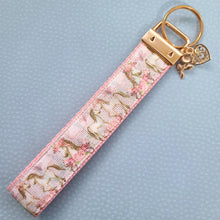 Load image into Gallery viewer, Horses with Wreaths Glittery Key Chain Fob on Pink Rose Gold and Rose Charm