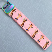 Load image into Gallery viewer, Giraffes on Pink Key Chain Fob with Enameled Giraffe charm