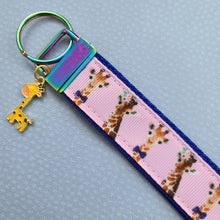Load image into Gallery viewer, Giraffes on Pink Key Chain Fob with Enameled Giraffe charm