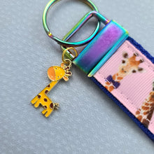 Load image into Gallery viewer, Giraffes on Pink Key Chain Fob with Enameled Giraffe charm