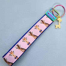 Load image into Gallery viewer, Giraffes on Pink Key Chain Fob with Enameled Giraffe charm