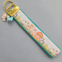 Load image into Gallery viewer, Farm Animals in Watercolor on Yellow Gold Key Chain Fob includes Cow & Duck Charm