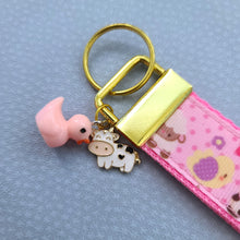 Load image into Gallery viewer, Farm Animals Cuteness Overload on Rose or Yellow Gold Key Chain Fob includes Duck and Cow Charm
