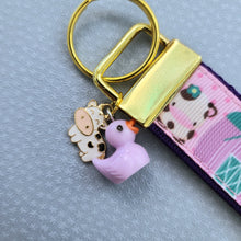 Load image into Gallery viewer, Farm Animals Cuteness Overload on Rose or Yellow Gold Key Chain Fob includes Duck and Cow Charm