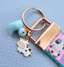 Load image into Gallery viewer, Farm Animals Cuteness Overload on Rose or Yellow Gold Key Chain Fob includes Duck and Cow Charm