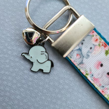 Load image into Gallery viewer, Elephants Mom and Baby in Watercolor on Silver Key Chain Fob with Enameled Elephant Charm