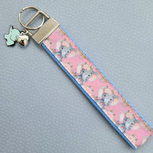Load image into Gallery viewer, Elephants with Flowers in Watercolor on Silver Key Chain Fob with Enameled Elephant Charm