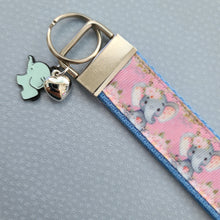 Load image into Gallery viewer, Elephants with Flowers in Watercolor on Silver Key Chain Fob with Enameled Elephant Charm