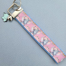 Load image into Gallery viewer, Elephants with Flowers in Watercolor on Silver Key Chain Fob with Enameled Elephant Charm
