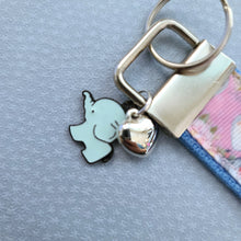 Load image into Gallery viewer, Elephants with Flowers in Watercolor on Silver Key Chain Fob with Enameled Elephant Charm