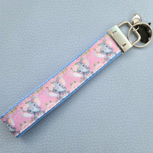 Load image into Gallery viewer, Elephants with Flowers in Watercolor on Silver Key Chain Fob with Enameled Elephant Charm