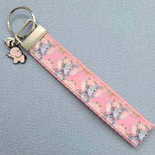 Load image into Gallery viewer, Elephants with Flowers in Watercolor on Silver Key Chain Fob with Enameled Elephant Charm