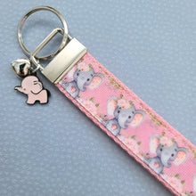 Load image into Gallery viewer, Elephants with Flowers in Watercolor on Silver Key Chain Fob with Enameled Elephant Charm