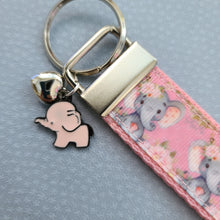 Load image into Gallery viewer, Elephants with Flowers in Watercolor on Silver Key Chain Fob with Enameled Elephant Charm