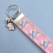 Load image into Gallery viewer, Elephants with Flowers in Watercolor on Silver Key Chain Fob with Enameled Elephant Charm