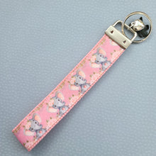 Load image into Gallery viewer, Elephants with Flowers in Watercolor on Silver Key Chain Fob with Enameled Elephant Charm