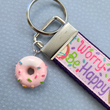Load image into Gallery viewer, Donut Worry Be Happy on Sparkles Key Chain Fob Wristlet with Yummy Strawberry Donut Charm