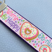 Load image into Gallery viewer, Donut Worry Be Happy on Sparkles Key Chain Fob Wristlet with Yummy Strawberry Donut Charm