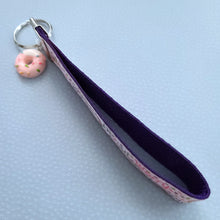 Load image into Gallery viewer, Donut Worry Be Happy on Sparkles Key Chain Fob Wristlet with Yummy Strawberry Donut Charm
