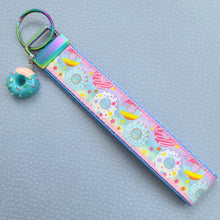 Load image into Gallery viewer, Donuts and Stars on Rainbow Key Chain Fob Wristlet with Yummy Donut Charm