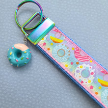 Load image into Gallery viewer, Donuts and Stars on Rainbow Key Chain Fob Wristlet with Yummy Donut Charm