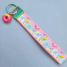 Load image into Gallery viewer, Donuts and Stars on Rainbow Key Chain Fob Wristlet with Yummy Donut Charm