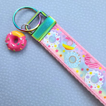 Load image into Gallery viewer, Donuts and Stars on Rainbow Key Chain Fob Wristlet with Yummy Donut Charm