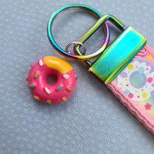 Load image into Gallery viewer, Donuts and Stars on Rainbow Key Chain Fob Wristlet with Yummy Donut Charm