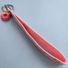 Load image into Gallery viewer, Donuts and Stars on Rainbow Key Chain Fob Wristlet with Yummy Donut Charm