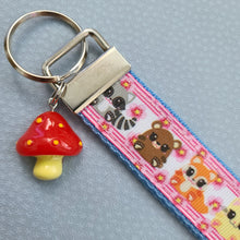 Load image into Gallery viewer, Anime Animals Cat, Bear, Squirrel, Racoon with Cherry Blossoms Silver Key Chain Fob with Key Charm