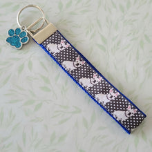 Load image into Gallery viewer, French Bulldog on Polka Dots Key Chain Fob with Enameled Paw Print charm