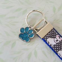Load image into Gallery viewer, French Bulldog on Polka Dots Key Chain Fob with Enameled Paw Print charm