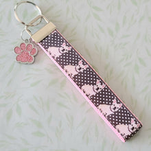 Load image into Gallery viewer, French Bulldog on Polka Dots Key Chain Fob with Enameled Paw Print charm