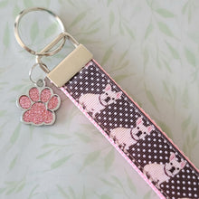 Load image into Gallery viewer, French Bulldog on Polka Dots Key Chain Fob with Enameled Paw Print charm
