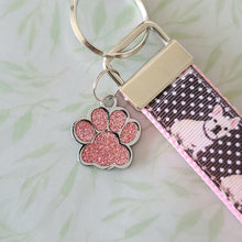Load image into Gallery viewer, French Bulldog on Polka Dots Key Chain Fob with Enameled Paw Print charm