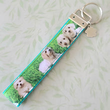 Load image into Gallery viewer, White Puppies Key Chain Fob with Enameled Paw Print Charm