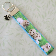 Load image into Gallery viewer, White Puppies Key Chain Fob with Enameled Paw Print Charm