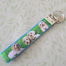 Load image into Gallery viewer, White Puppies Key Chain Fob with Enameled Paw Print Charm