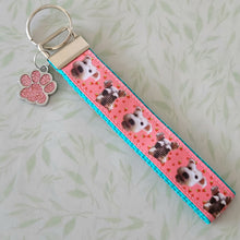 Load image into Gallery viewer, Schnauzers with Strawberries Key Fob /Schnauzer Key Chain with Glitter Enameled Paw Print Charm