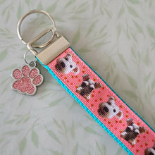 Load image into Gallery viewer, Schnauzers with Strawberries Key Fob /Schnauzer Key Chain with Glitter Enameled Paw Print Charm