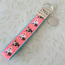 Load image into Gallery viewer, Schnauzers with Strawberries Key Fob /Schnauzer Key Chain with Glitter Enameled Paw Print Charm
