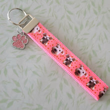 Load image into Gallery viewer, Schnauzers with Strawberries Key Fob /Schnauzer Key Chain with Glitter Enameled Paw Print Charm