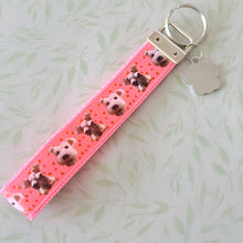 Load image into Gallery viewer, Schnauzers with Strawberries Key Fob /Schnauzer Key Chain with Glitter Enameled Paw Print Charm