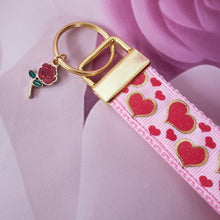 Load image into Gallery viewer, Hearts with Sparkles on Yellow Gold Key Chain Fob with Enameled Rose or Heart Charm