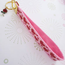 Load image into Gallery viewer, Hearts with Sparkles on Yellow Gold Key Chain Fob with Enameled Rose or Heart Charm