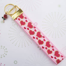 Load image into Gallery viewer, Hearts with Sparkles on Yellow Gold Key Chain Fob with Enameled Rose or Heart Charm
