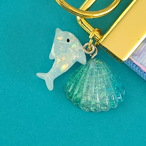 Dolphins in Watercolor Pink Blue Waters on Yellow Gold Key Chain Fob  with Dolphin Charm